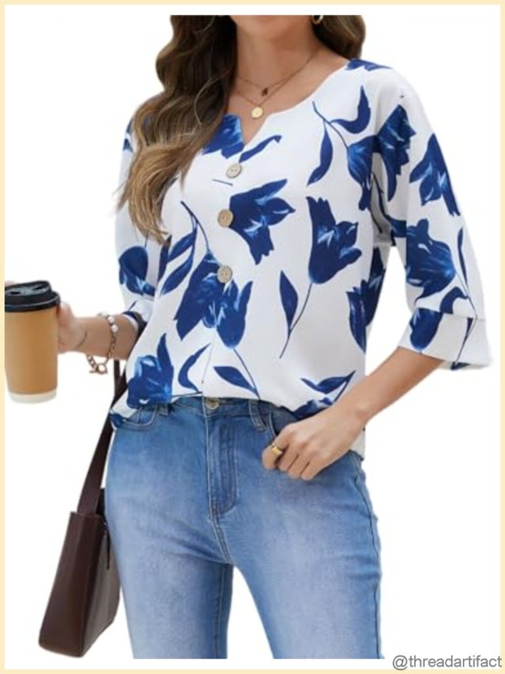 Womens Floral Print 3/4 Sleeve Button Up Tunic Blouse Loose Fit Casual Top